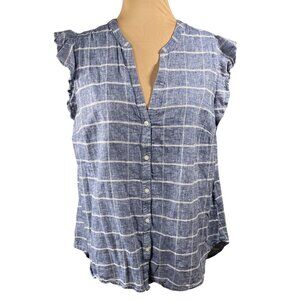 Old Navy Cap Sleeve Blouse Blue White Linen Blend XL Extra Large Ruffle